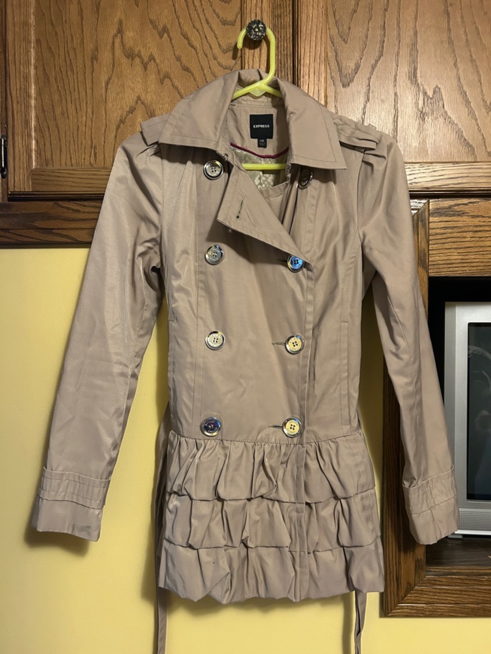 Express Beige Ruffle-Hem Double-Breasted Trench Coat